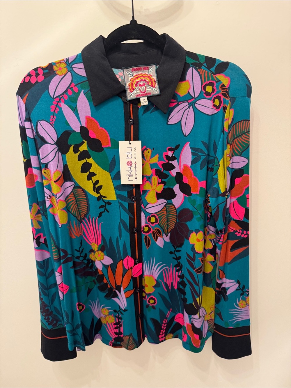 Johnny Was Teal Floral Button-Down Shirt with Black Trim